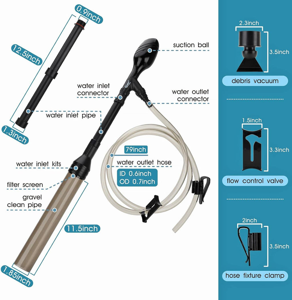 Manual 256GPH Gravel Vacuum for Aquarium, Run in Seconds Aquarium Gravel Cleaner Low Water Level Water Changer Fish