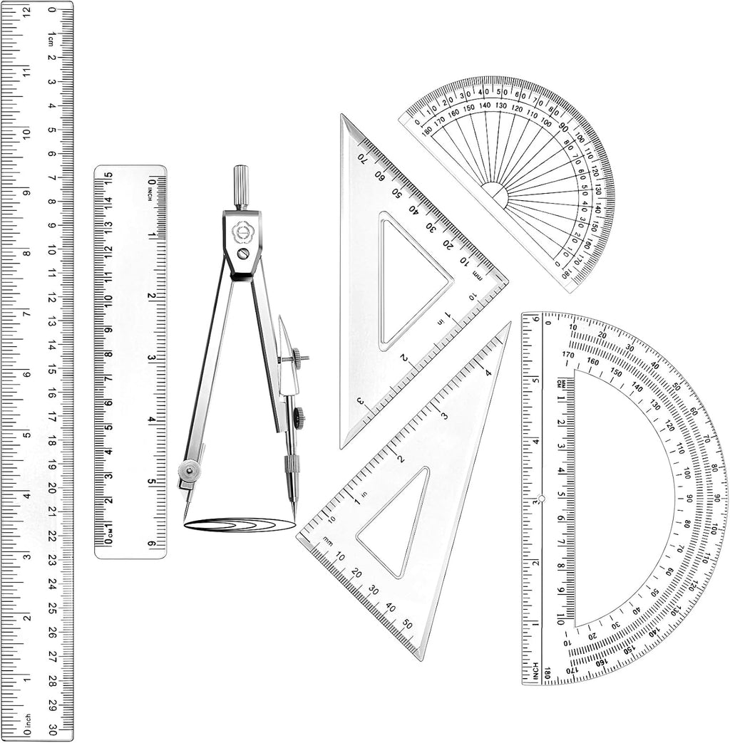 7‑Piece Geometry Set with Drawing Compass, 6 & 4 Inch Protractors, Triangle Rulers and Straight Rulers, Transparent