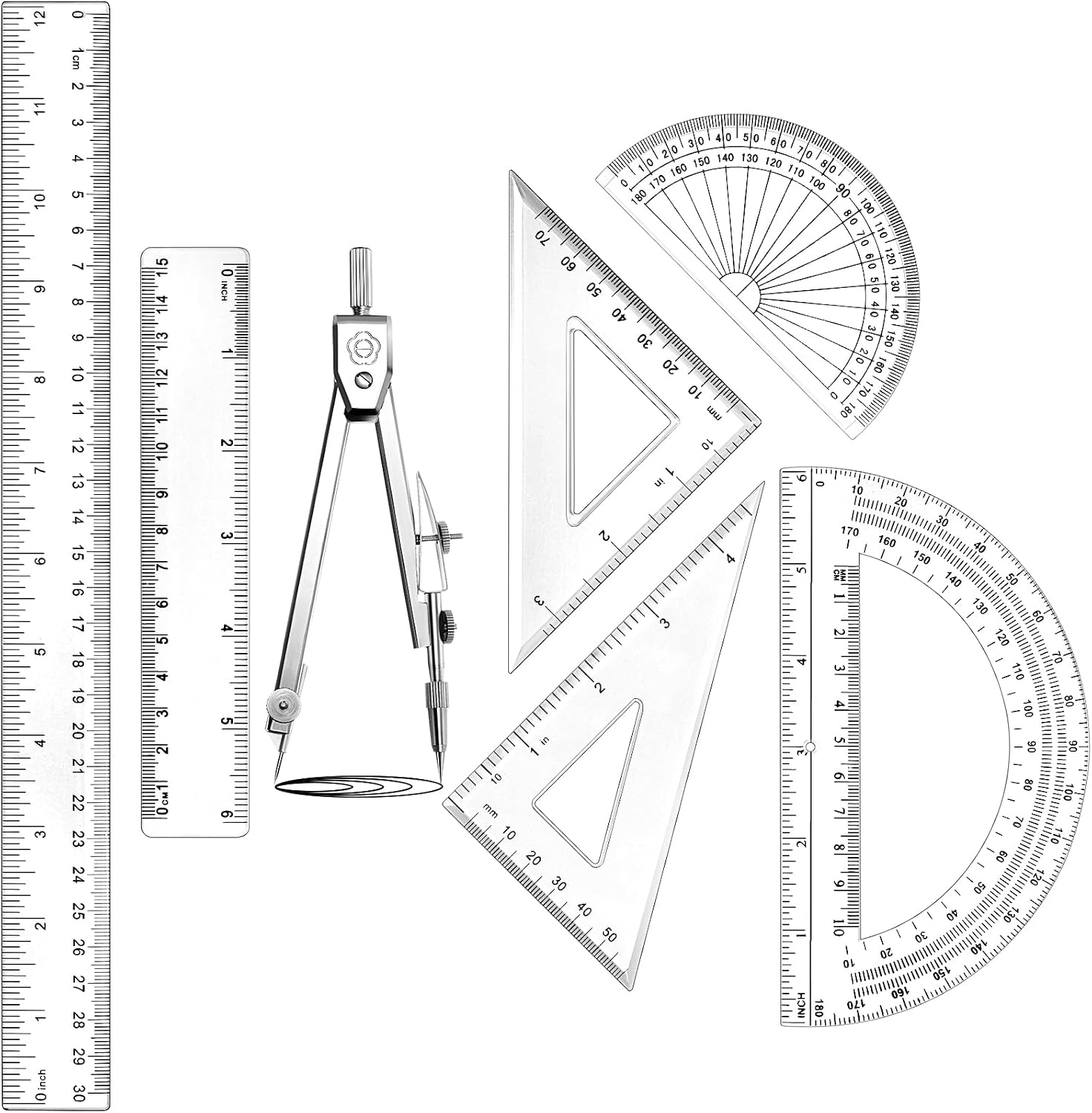 7‑Piece Geometry Set with Drawing Compass, 6 & 4 Inch Protractors, Triangle Rulers and Straight Rulers, Transparent