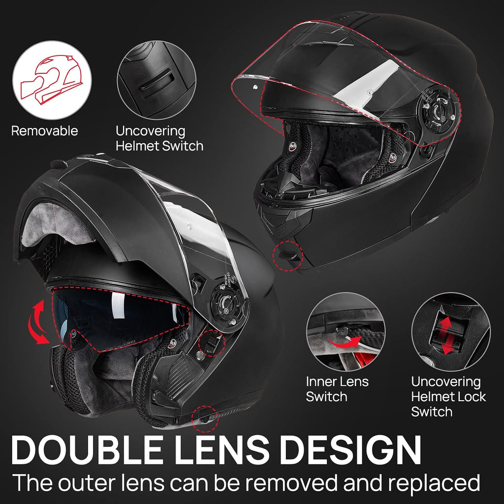 Adult Motorcycle Modular Full Face Helmet Flip up Dual Visor 159(Matte Black,XX-Large)