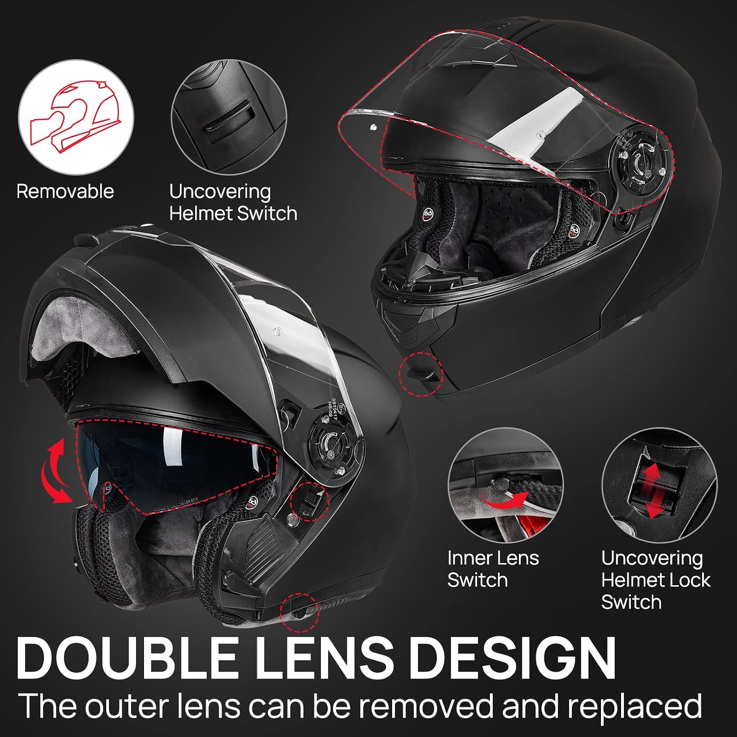 Adult Motorcycle Modular Full Face Helmet Flip up Dual Visor 159(Matte Black,XX-Large)