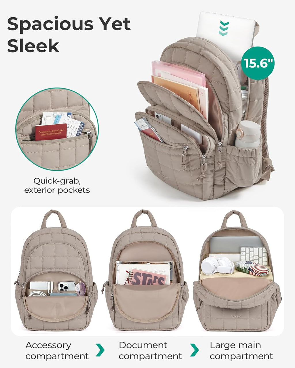 College Laptop Backpack, Travel Backpack for Women, Quilted Casual Daypack, Water-Resistant Bookbag for 15.6 Inch