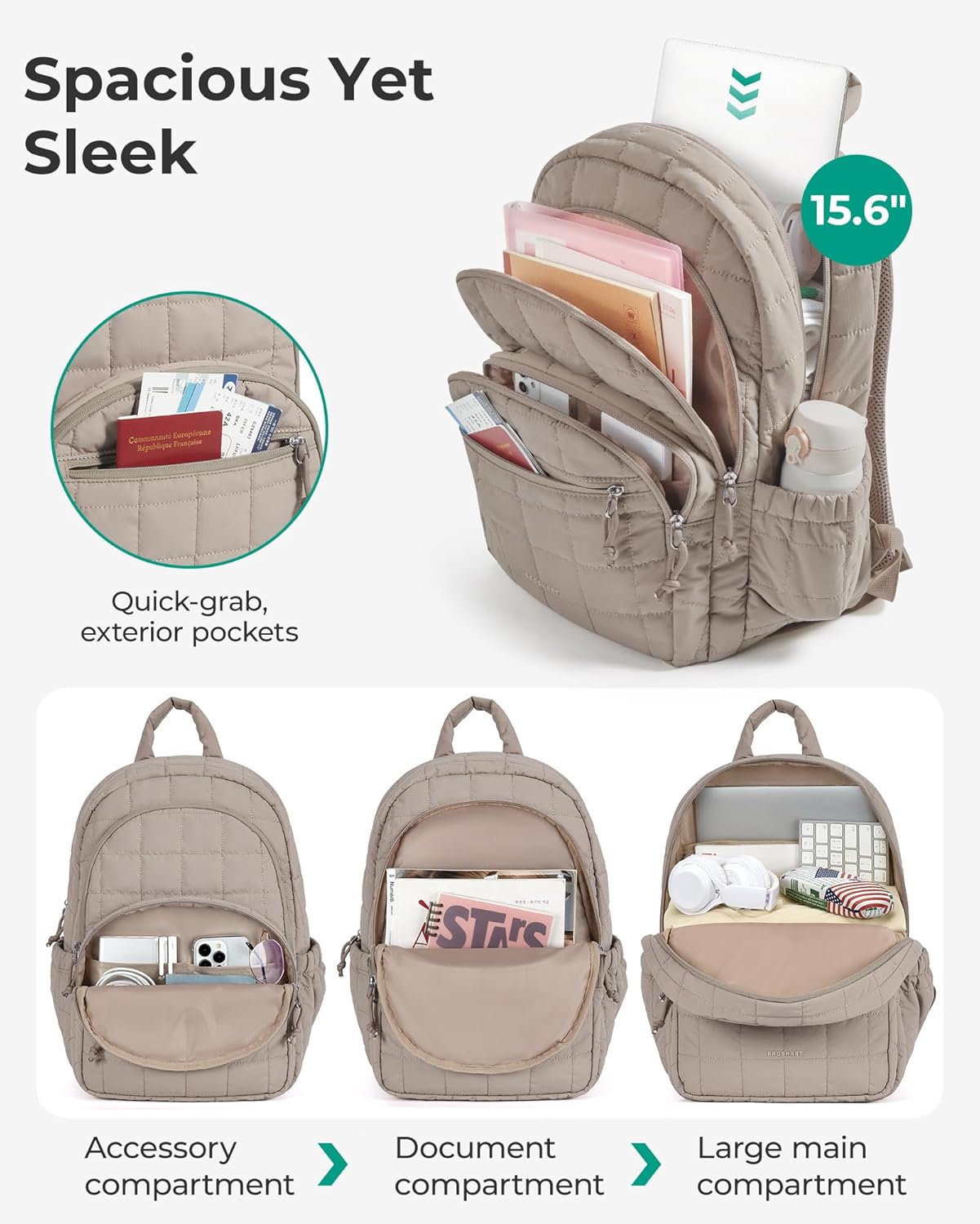 College Laptop Backpack, Travel Backpack for Women, Quilted Casual Daypack, Water-Resistant Bookbag for 15.6 Inch