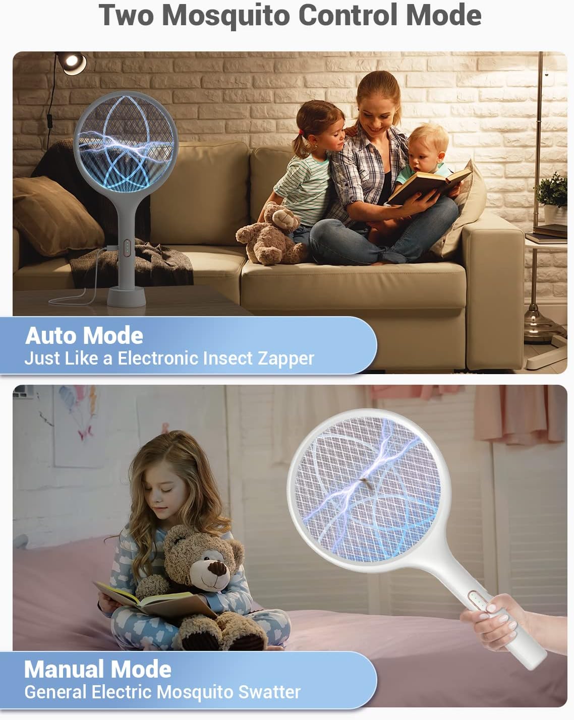 Electric Fly Swatter 4000V Bug Zapper Racket Dual Mode (1, White) | Auto Manual Mode, Purple Attractant Light