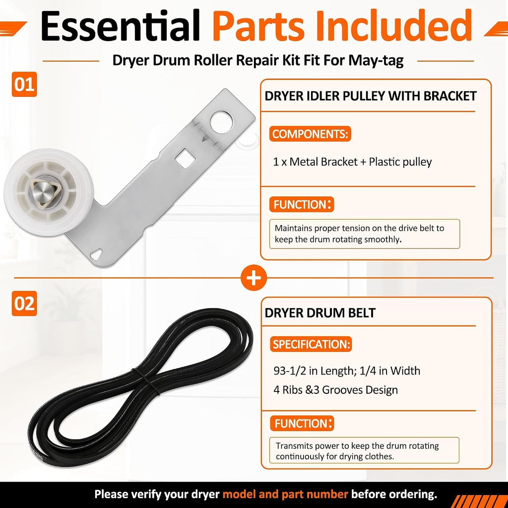 MED5630HW0 MED5801TW0 Dryer Drum Roller Repair Kit&Belt Fit for May-tag