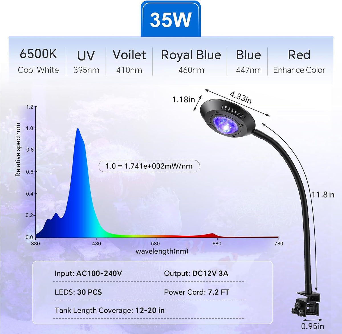 Saltwater Aquarium Light - 35W Dimmable Full Spectrum with 3 Light Modes & Timer, 24/7 Auto Cycle for Refugium, Soft