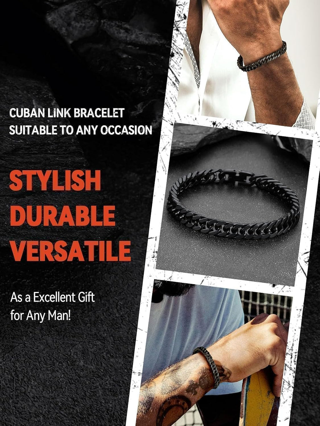 Mens Stainless Steel Cuban Link Bracelet, Tarnish Resistant | 6/8/12/17mm Silver/Black/Gold Sturdy Hip Hop Wrist