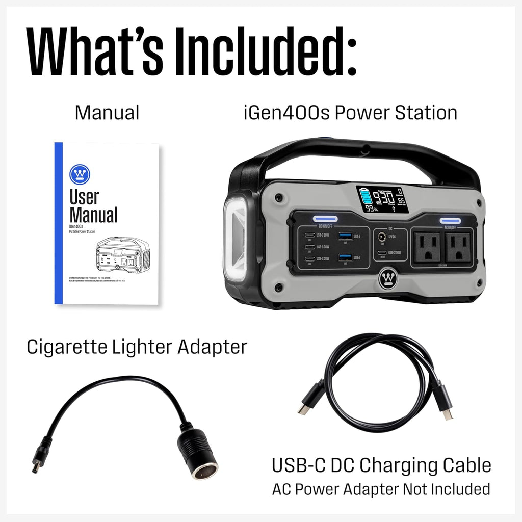 iGen400s 400 Watt, 183Wh Portable Power Station and Solar Generator with LED Display and DC Outlet for Camping, Home