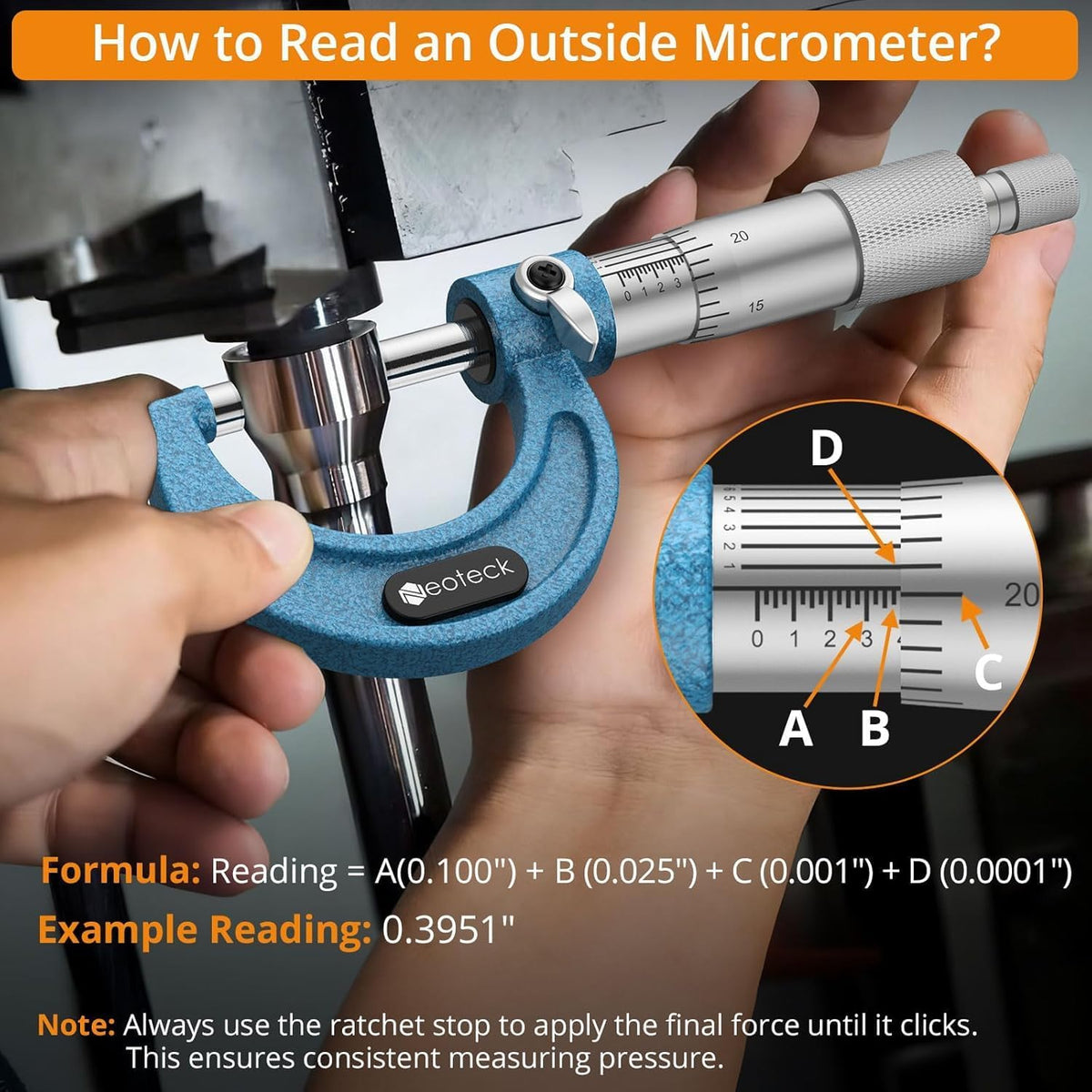 Neoteck 0-1" Outside Micrometer 0.0001" Resolution Carbide-Tipped Anvils
