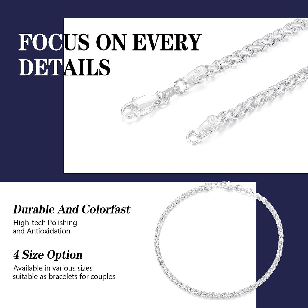 925 Sterling Silver Bracelet for Men, 3MM Wheat Chain Bracelets | 3MM Wheat Chain Bracelets 7/7.5/8/9 Inches, Diamond