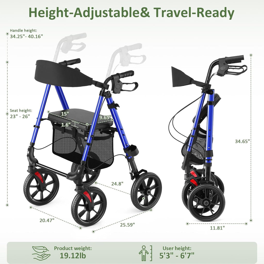 Rollator Walker for Seniors, 10 Inch Big Wheels, Reinforced Aluminum Frame 350lb Weight Capacity, Foldable All