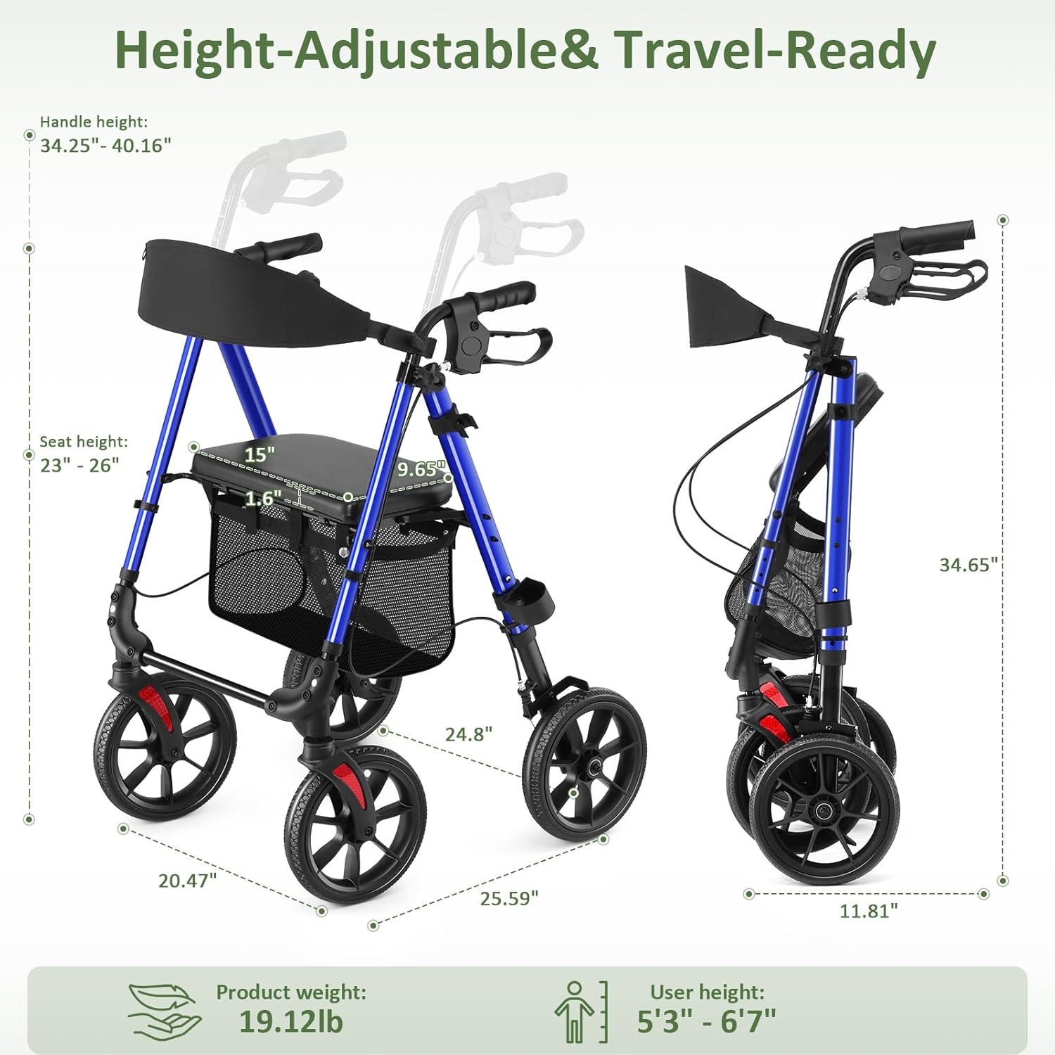 Rollator Walker for Seniors, 10 Inch Big Wheels, Reinforced Aluminum Frame 350lb Weight Capacity, Foldable All