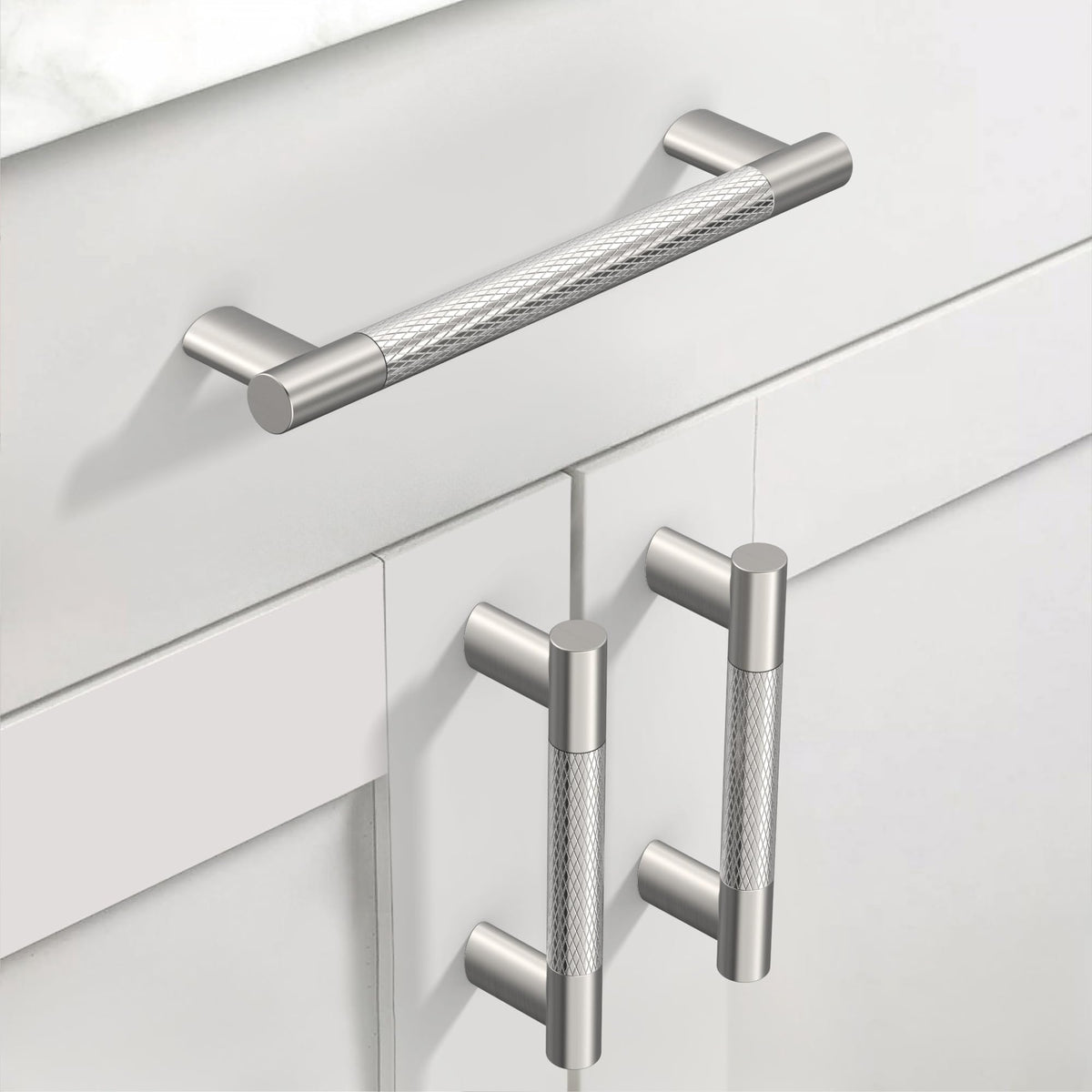 Brushed Nickel Knurled Cabinet Handles Kitchen Pulls 5 Inch 10 Pack