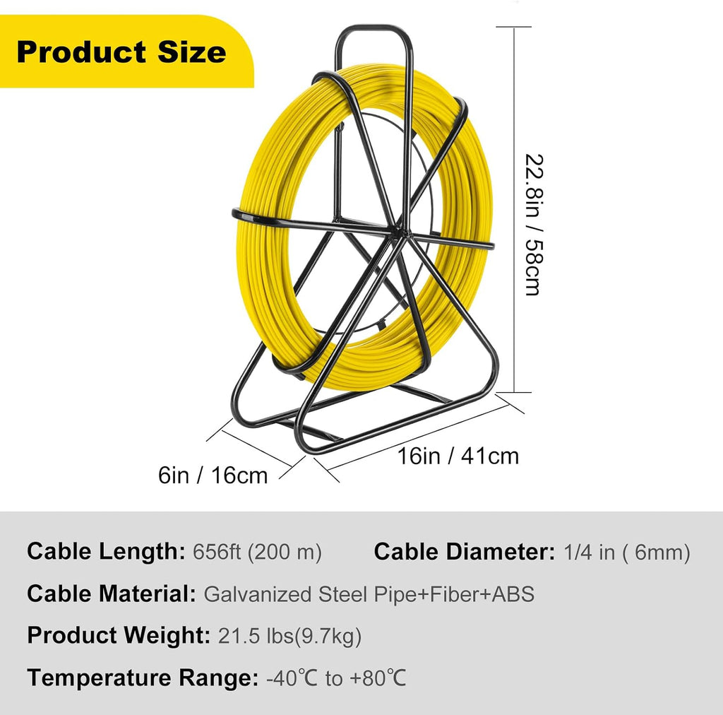 Fish Tape Fiberglass, 656ft (6mm x 200m) Duct Rodder Fish Tape Wire Puller with Steel Reel Stand, Heavy Duty Duct