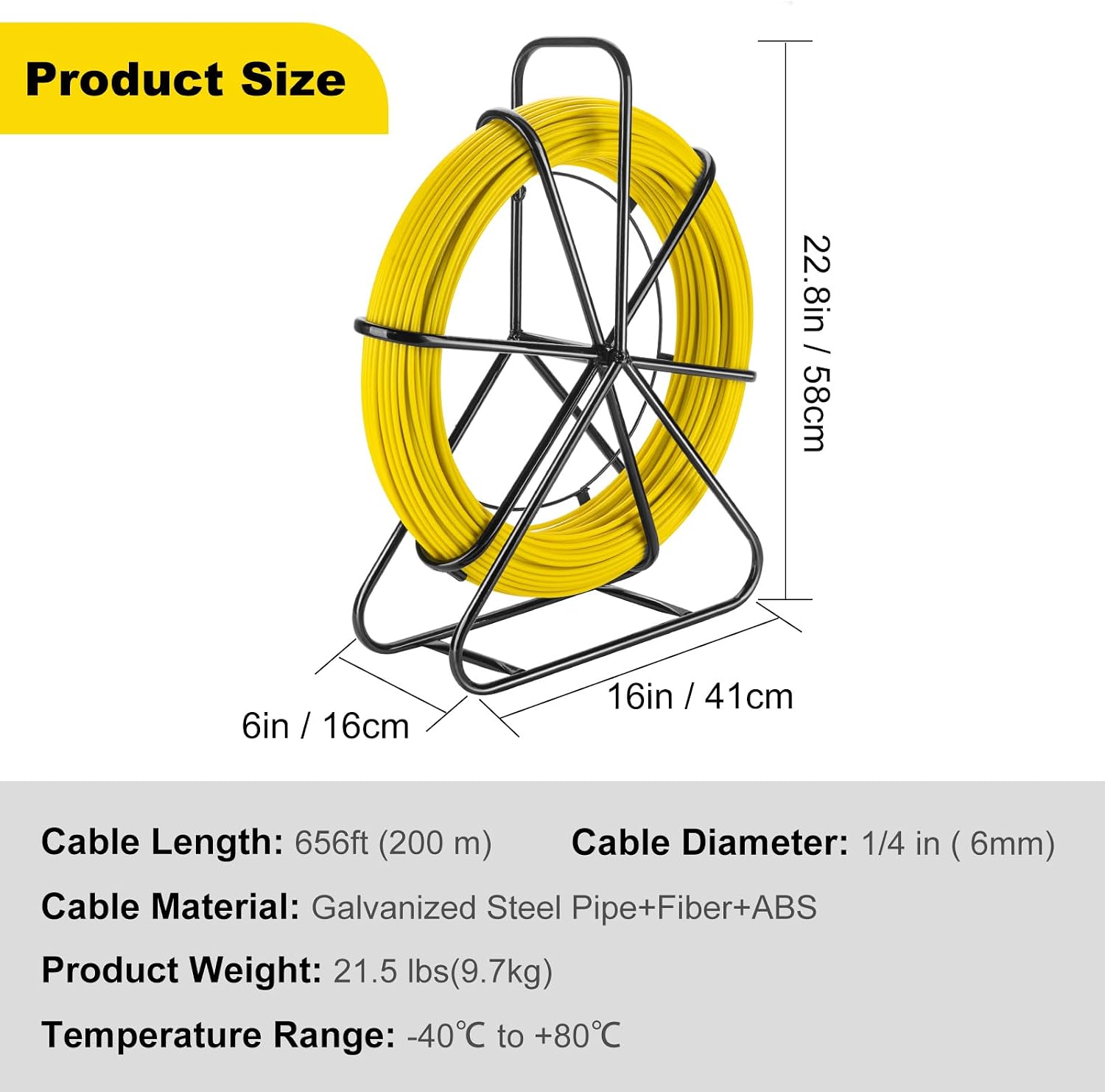 Fish Tape Fiberglass, 656ft (6mm x 200m) Duct Rodder Fish Tape Wire Puller with Steel Reel Stand, Heavy Duty Duct