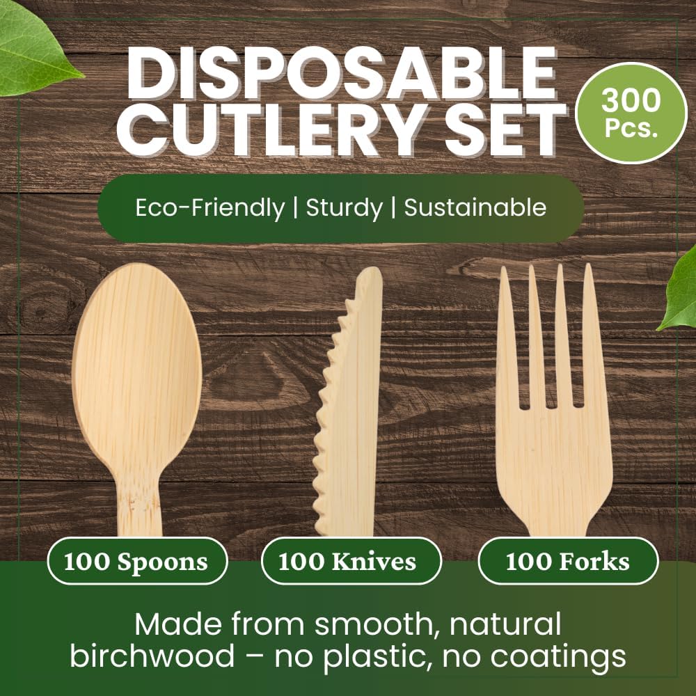 Wooden Cutlery Set (300 Pcs) | 100 Forks, Spoons & Knives Party Pack