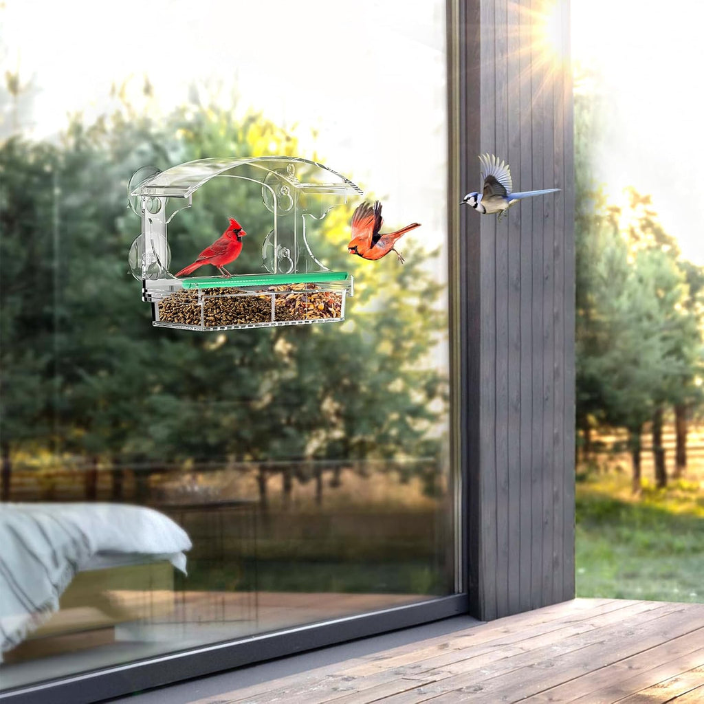 Clear Acrylic Window Bird Feeder for Outside with 4 Strong Suction Cups and Detachable Seed Tray, Highly Transparent