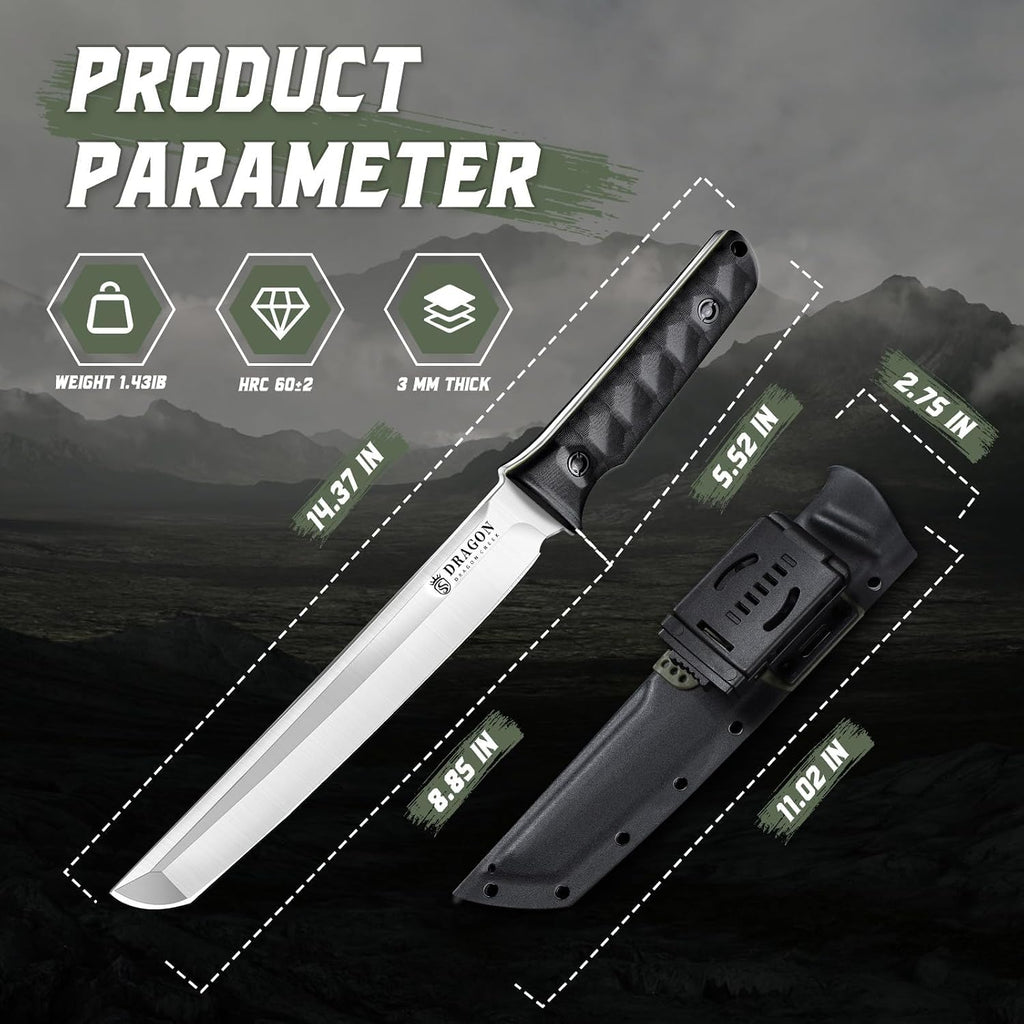 Tactical Knife Kydex - Outdoor Fixed Blade with Green Sheath | Full Tang Survival Knife Camping Hiking Gift Men