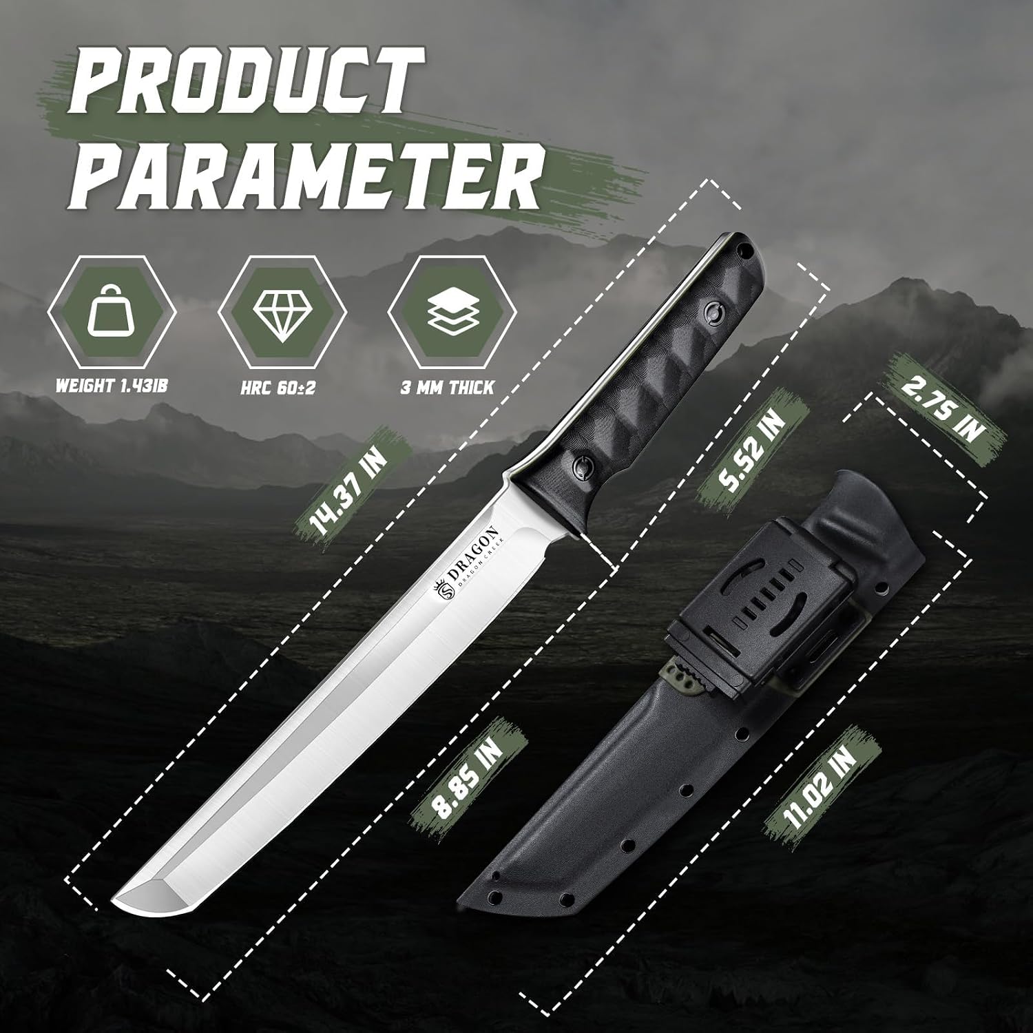 Tactical Knife Kydex - Outdoor Fixed Blade with Green Sheath | Full Tang Survival Knife Camping Hiking Gift Men