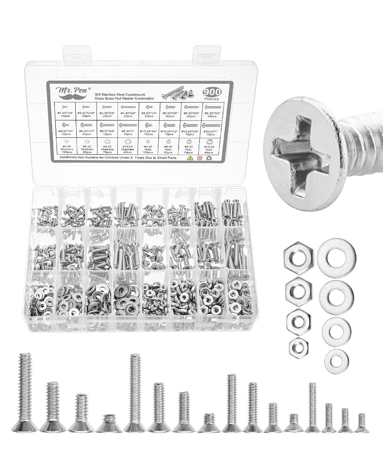 Nuts and Bolts Assortment Kit, 900 pcs, Stainless Steel