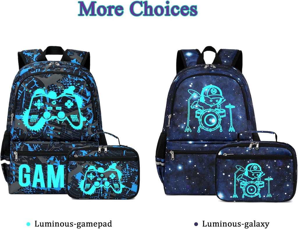 Kids School Backpack for Boys and Girls, Luminous Backpack with Lunch Box, Gamepad Bookbag School Back Pack