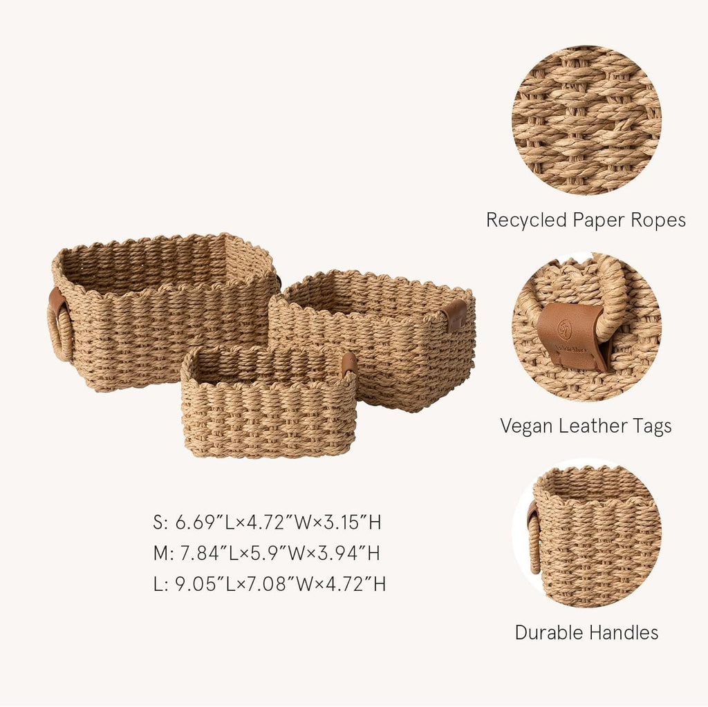 Small Wicker Baskets for Organizing, Recycled Paper Rope Storage Basket Container Bins for Shelves Bathroom Cupboards