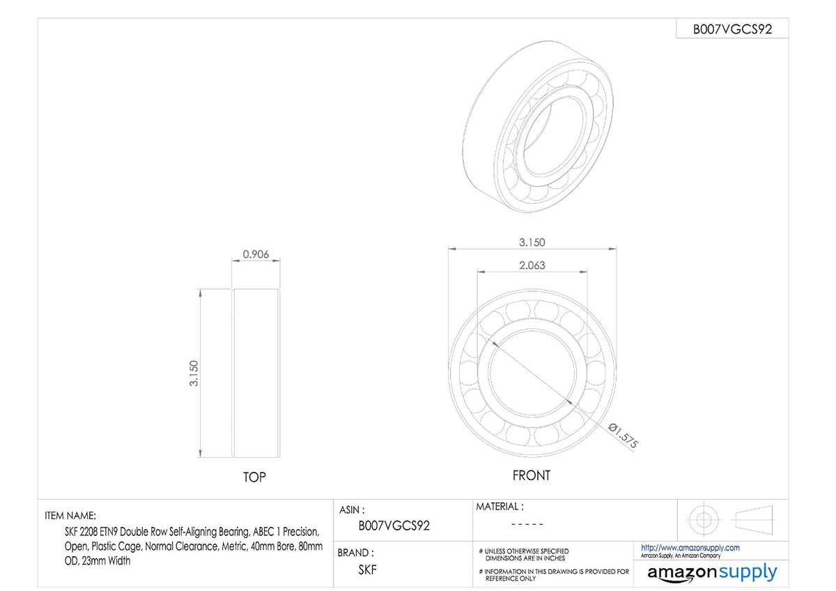 SKF 2208 ETN9 Double Row Self-Aligning Bearing, ABEC 1 Precision, Open, Plastic Cage, Normal Clearance, Metric, 40mm Bore, 80mm OD, 23mm Width