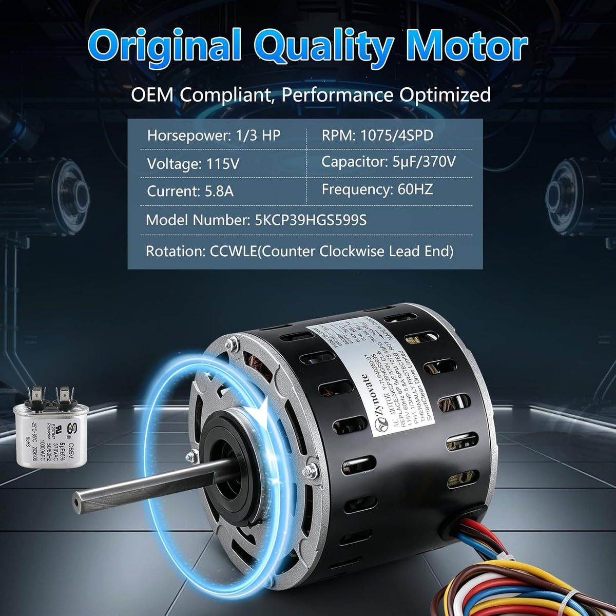 5KCP39HGS599S Blower Fan Motor 1/3 HP 115V 1075RPM 4-Speed, Furnace Blower Fan Motors Compatible with GE Trane Models MOT9053 MOT09053 MOT18948 MOT04716 MOT04722 MOT13512 MOT16953