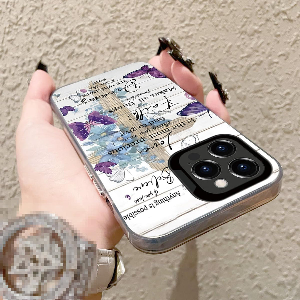 Cute Butterfly Flower Cross Wood Grain Case for iPhone 13 Pro Max | Creative Designs for Women Girls Shockproof