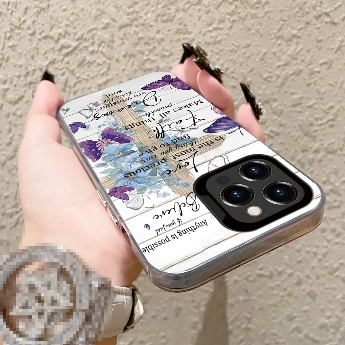 Cute Butterfly Flower Cross Wood Grain Case for iPhone 13 Pro Max | Creative Designs for Women Girls Shockproof
