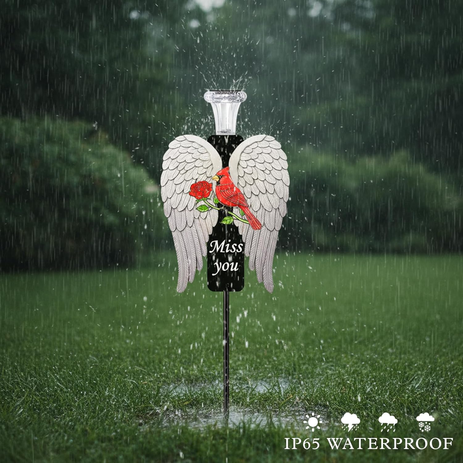20-Inch Solar Angel Wings Memorial Stake with Red Cardinal - Metal Cemetery Decorations for Grave, Father's Day