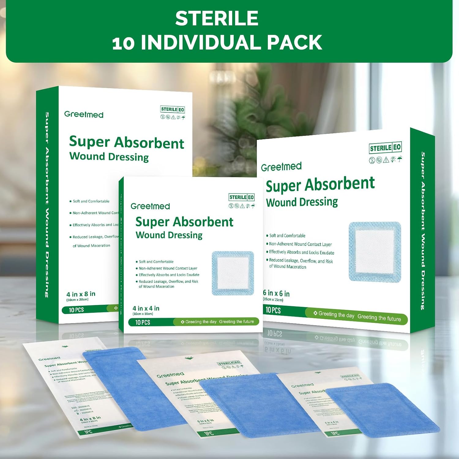 Super Absorbent Wound Dressing 4"x 4" 10 Individual Pack Fast Healing Wound Care Non Stick Bandages Gauze Pads for