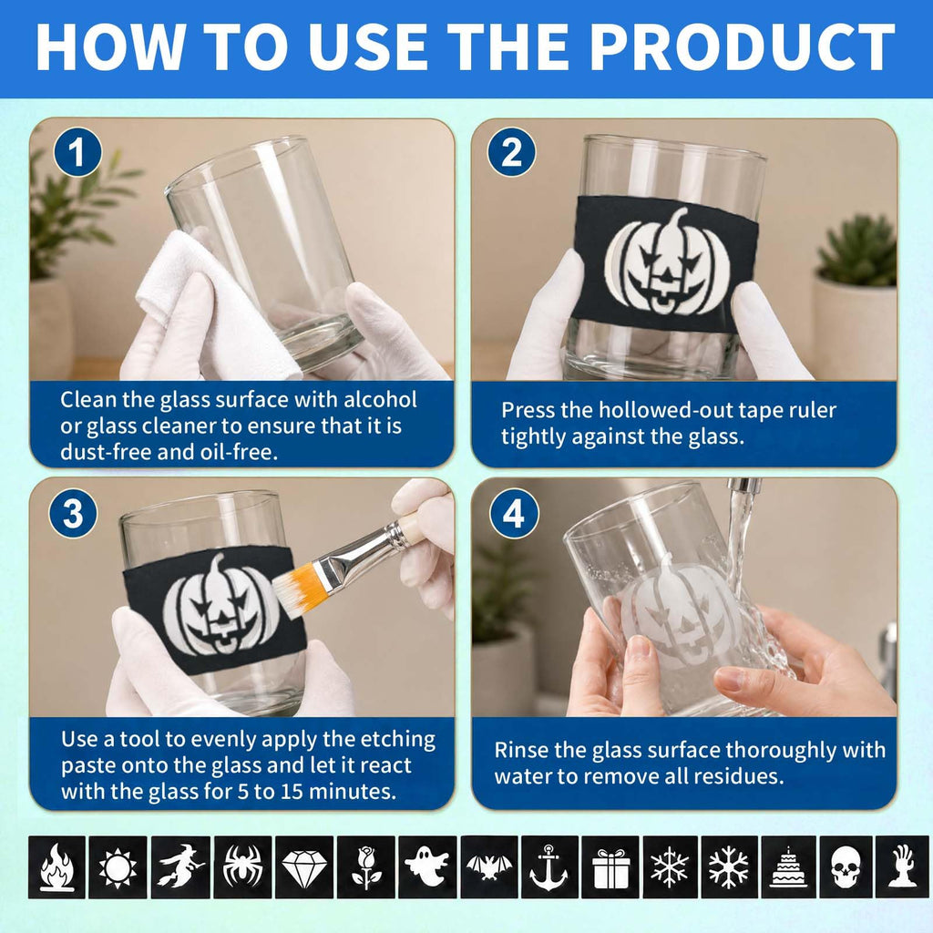 Glass Etching Cream Kit, Create Permanent Matte Frosted Glass Designs, Long‑Lasting Etching Supplies with Stencils