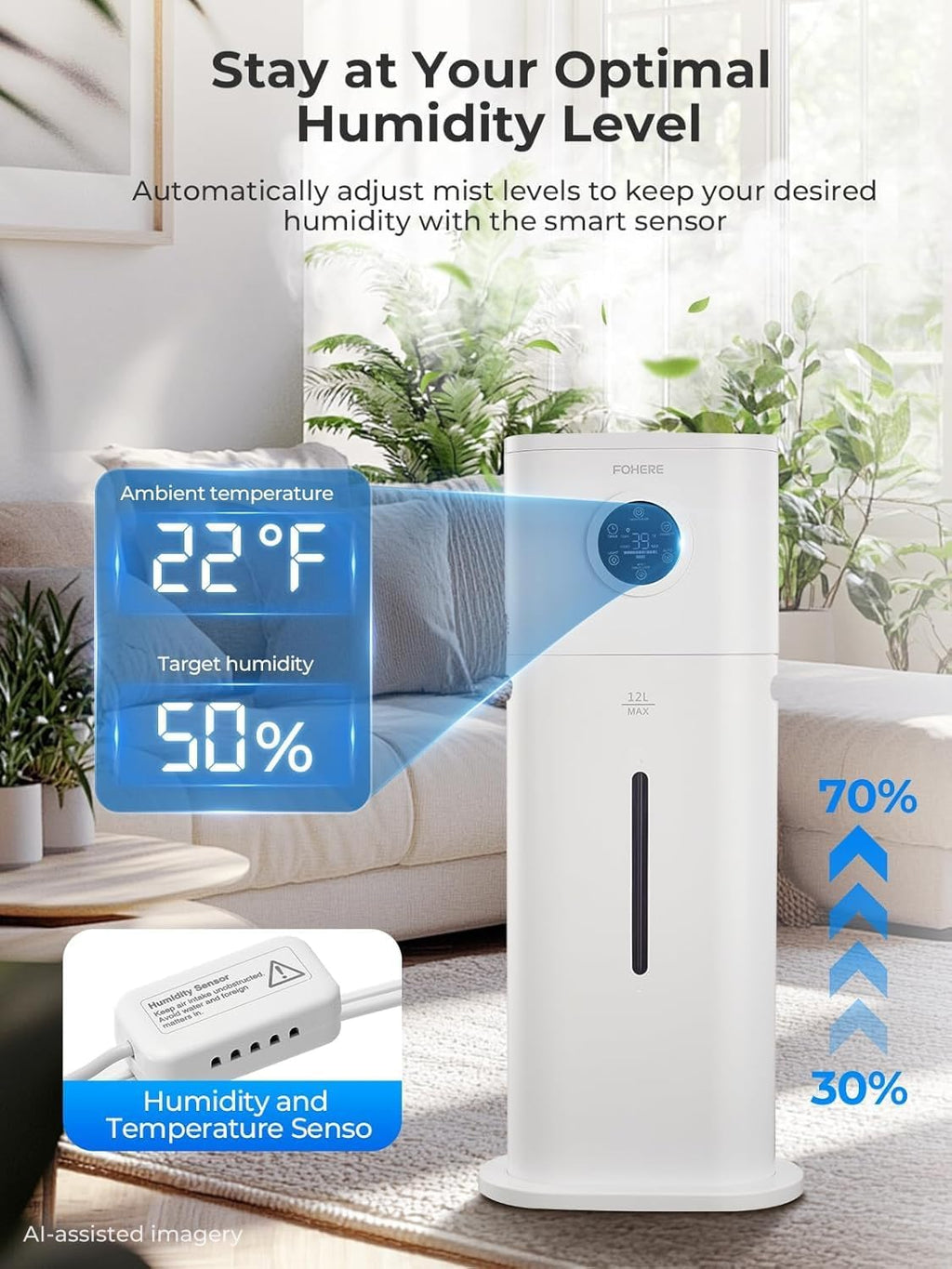 12L Humidifier for Large Room 1000ft², 120H Runtime, 1000ml/h Mist | Smart Humidity Control, Top Fill, Remote & 24H