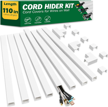 Cord Hider Kit, 110in Cord Covers for Wires on Wall, Paintable Wire Covers for Cords on Wall, Self-Adhesive Cable