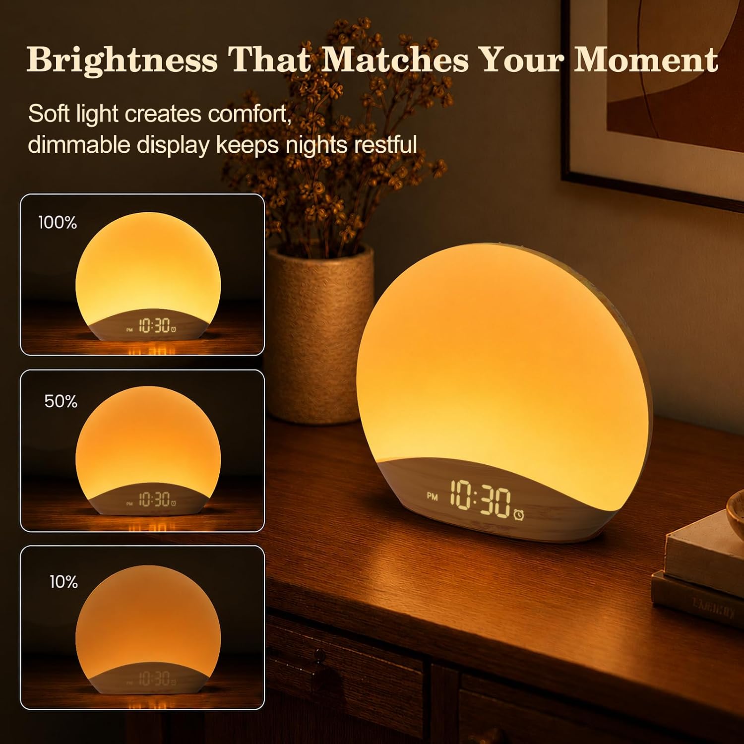 Wood Grain Sunrise Alarm Clock and Sound Machine Nightlight | Digital Dimmable Clock for Bedroom, 26 Sleep Sounds
