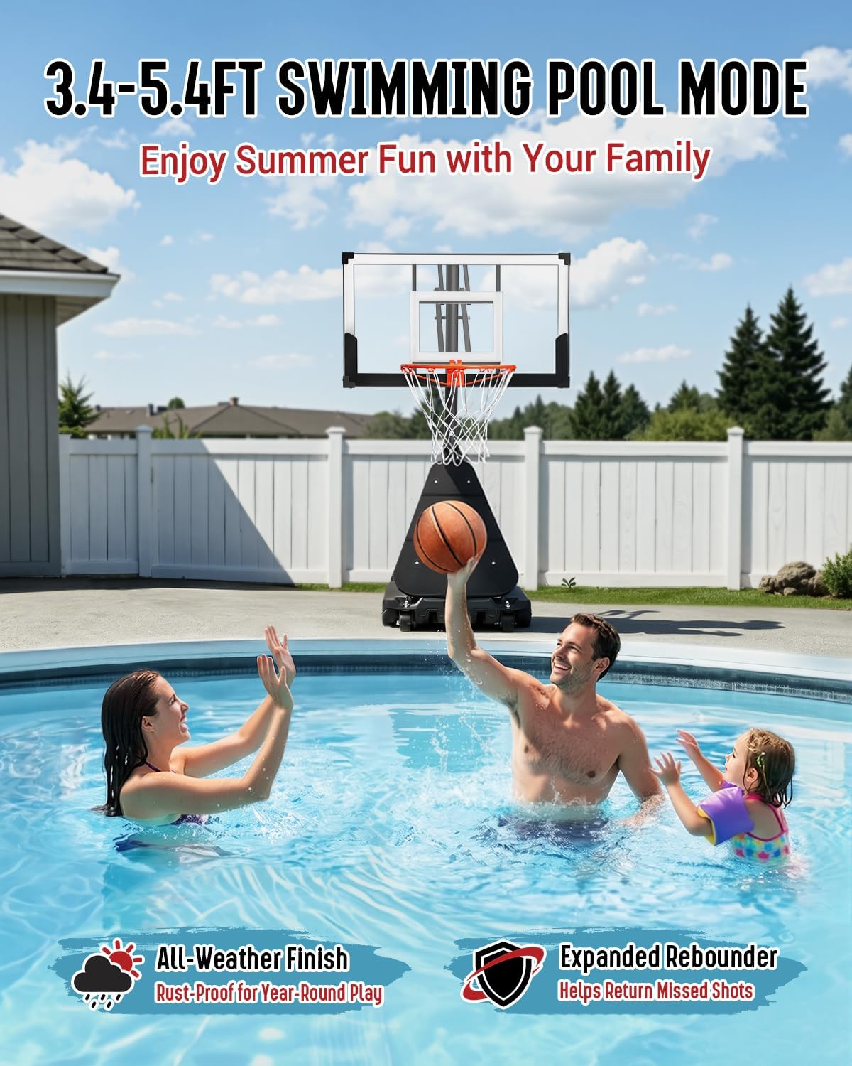 Basketball Hoop 40Inch Shatterproof Backboard, 3.4-10FT Height Adjustable, Rust-Resistant Poolside Goal with