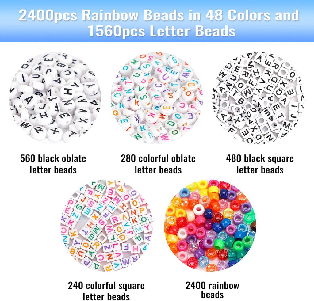 48 Colors Bracelet Making Kit Pony Beads 4000pcs Kandi Beads for Friendship Bracelet Making Kit 2400 Plastic Rainbow