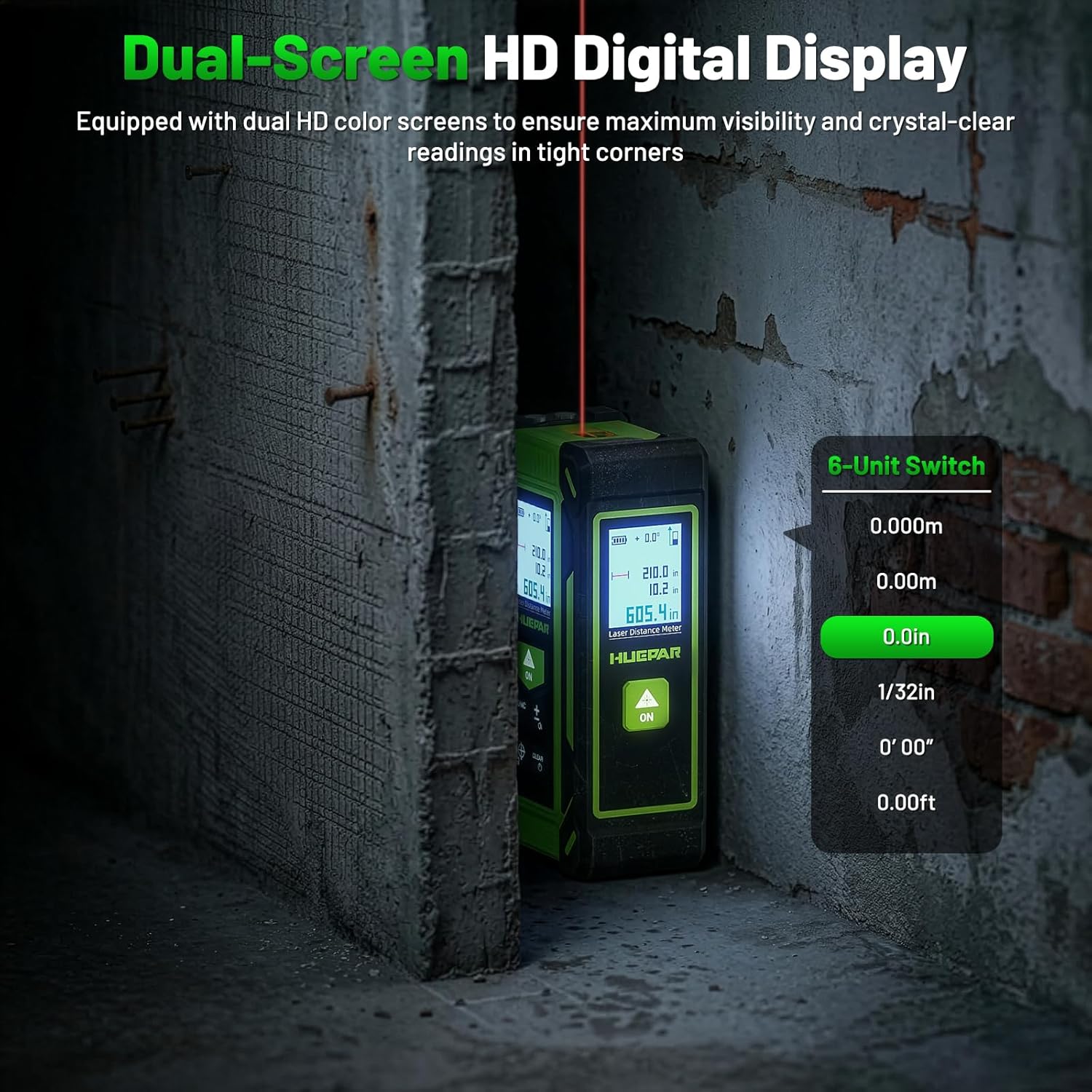 Digital Laser Tape Measure 4-in-1, HUEPAR ±1/16" Laser Measure with Dual HD Display, 200Ft Rechargeable Laser