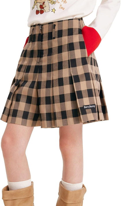 Girls Plaid Pleated Skort Khaki Black Checkered School Uniform Skirt Casual A-Line Skort for Girls 6-16Y