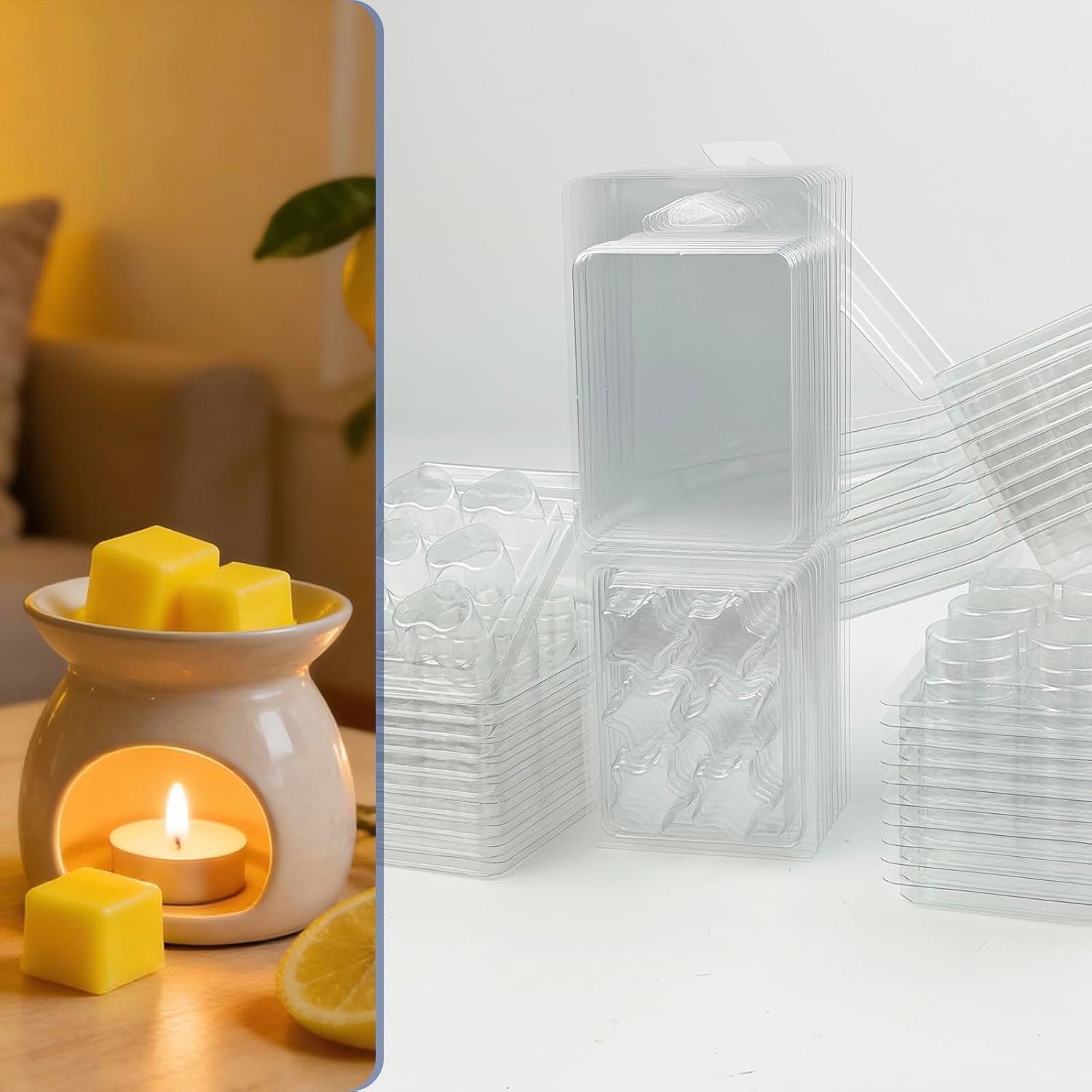Wax Melt Molds Clamshells 40 Packs, Wax Molds for Candle Making | Clear Plastic Cube Tray Containers for Wickless