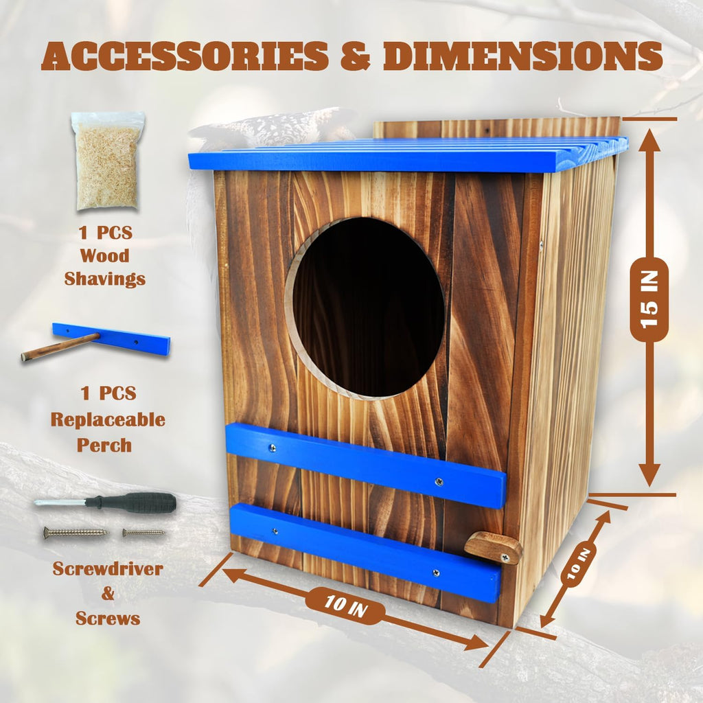 Screech Owl House for Outdoors,10"x10"x15" Large Carbonized Wood Barred Owl Nesting Box, Weather-Resistant Bird House