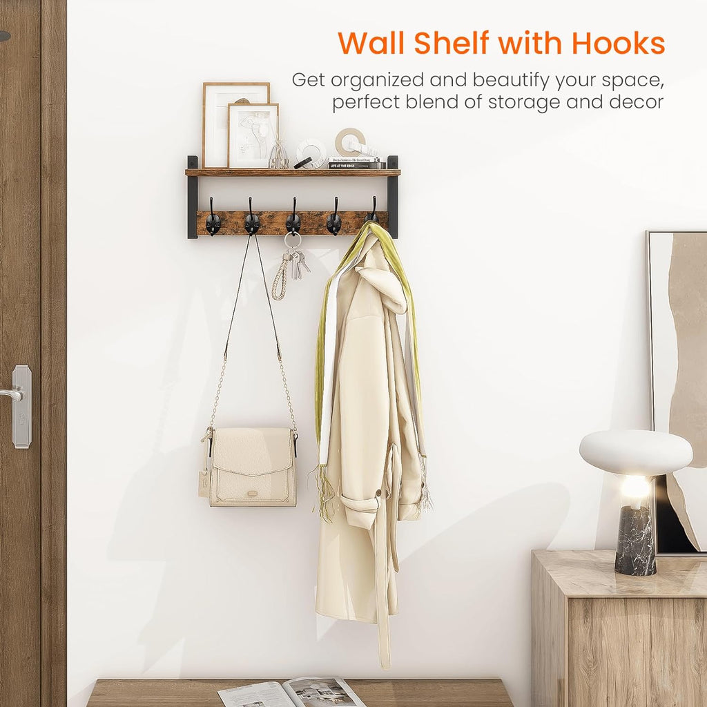 Wall Hooks with Shelf, Wood Coat Rack with Shelf Wall-Mounted, Entryway Hanging Shelves with 5 Metal Hooks for