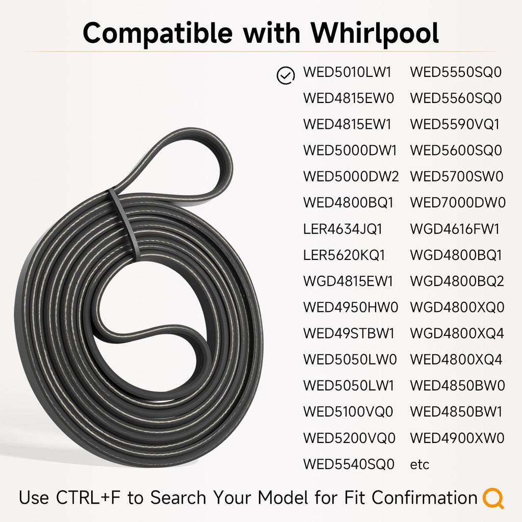 Dryer Drum Belt Dryer Drive Belt Replacement Compatible with Whirlpool WED5010LW1 WED4815EW1 WED4815EW0 WED5000DW2 WED5000DW1 LER4634JQ1 WED4800BQ1 LER5620KQ1 WED4950HW0 WGD4815EW1 WED49STBW1