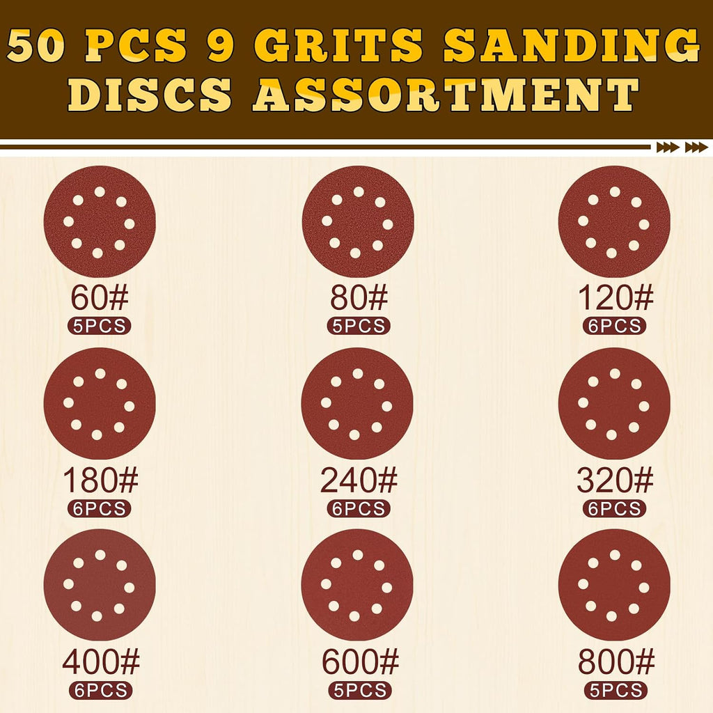 5 Inch Hook and Loop Sanding Discs, 50 Pack 8 Hole, 9 Mixed Grits