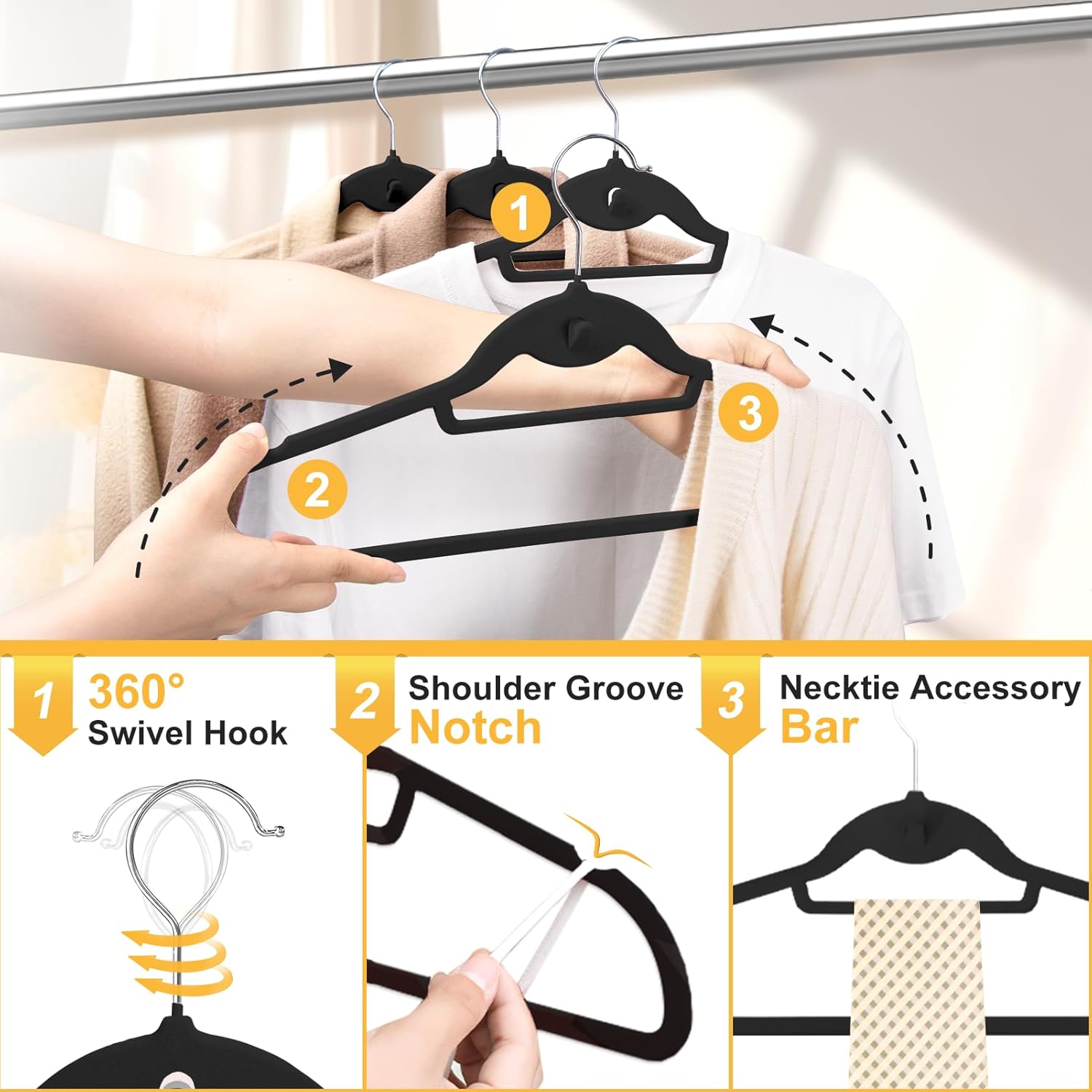 Velvet Felt Stackable Hangers 50 Pack, Thin & Space Saving, Black | Non Slip, 15Lbs Capacity Heavy Duty With 360°
