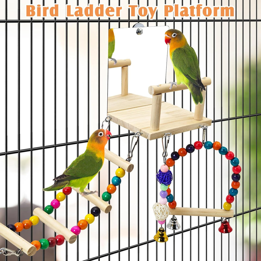 Bird Perch Platform with Mirror, Wooden Climbing Ladder for Parakeet, Small Bird Swing Toys with Hanging Chewing
