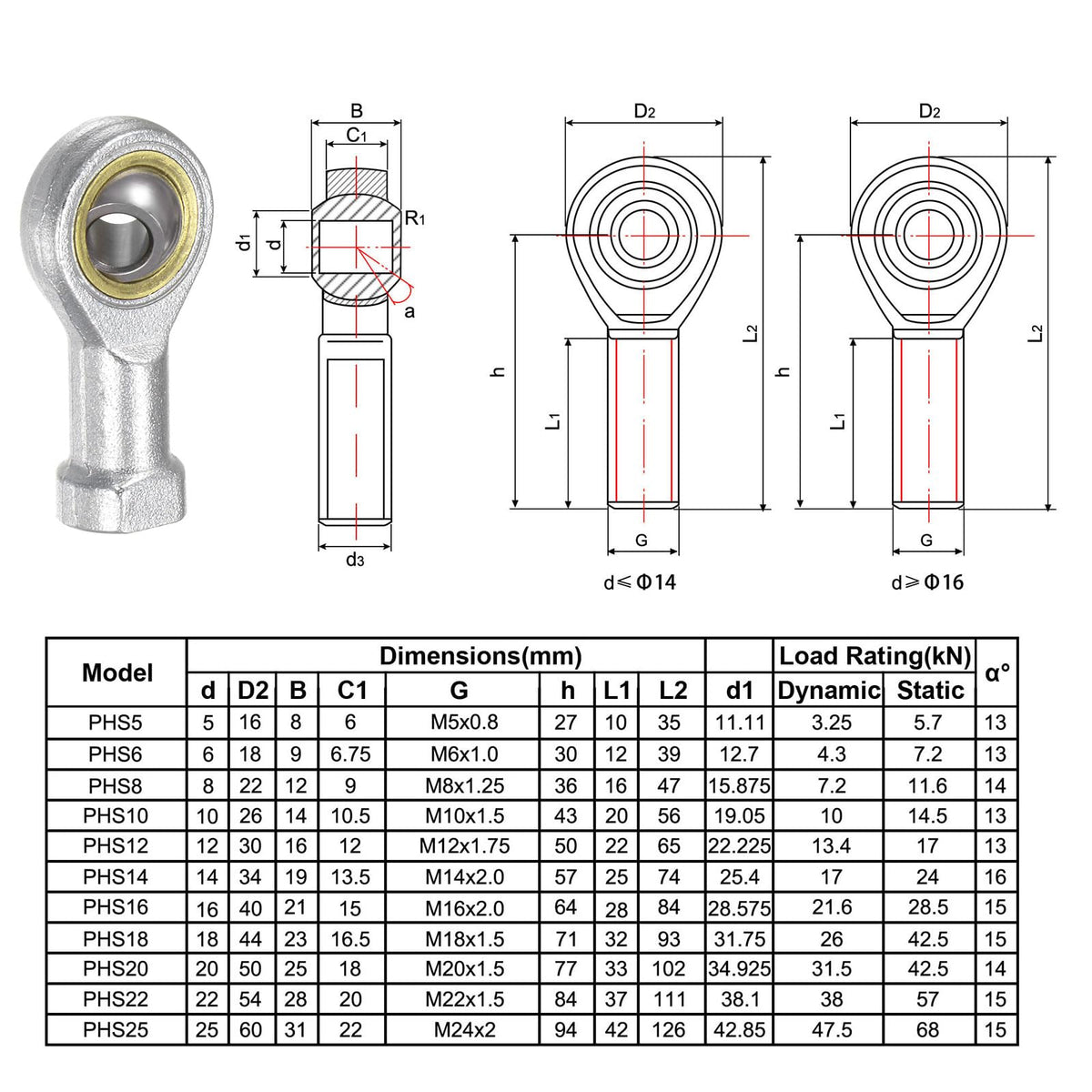 uxcell PHSA6 M6 Female Rod End Bearing Set - 2pcs of M6x1.0 Left and Right Hand Thread Rod Ends with Jam Nuts