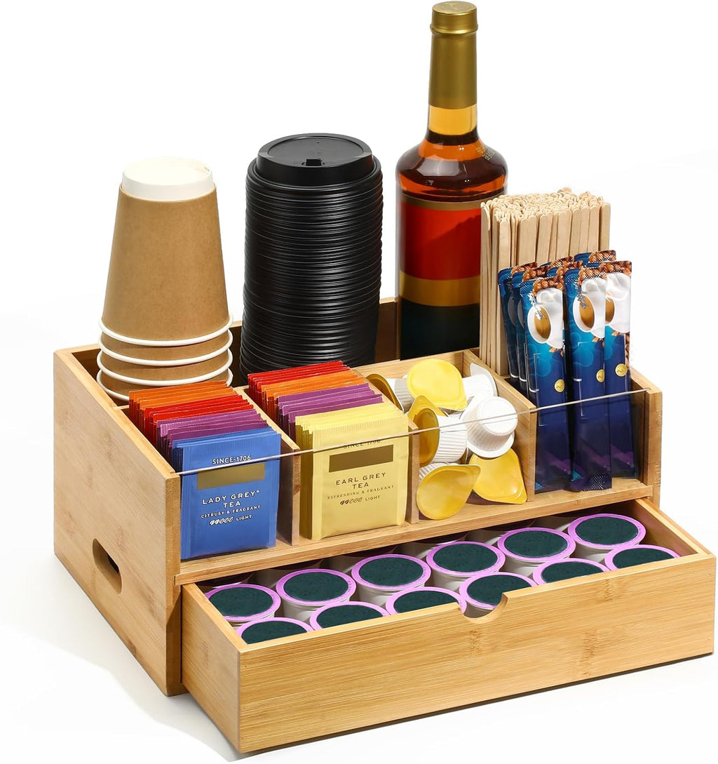 Bamboo Coffee Station Organizer with Drawer for Countertop