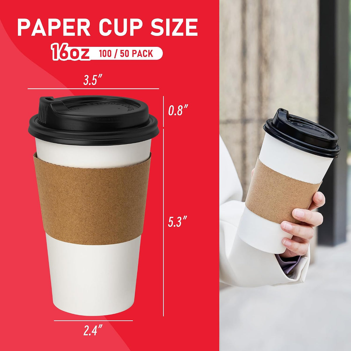 16 oz 100 Pack Coffee Cups with Lids and Sleeves